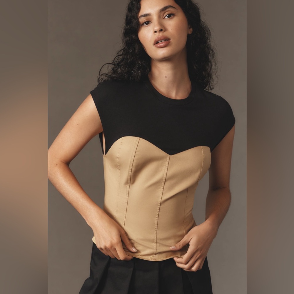 Maeve Black and Tan Two-Tone Corset Tee